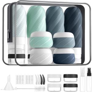 LitBear 23 Pack TSA Approved Travel Bottles for Toiletries, Leak Proof Refillable Travel Size Containers Kit with Silicone Squeezable Bottles Jars for Shampoo Lotion Conditioner, in Clear Bag, Gray