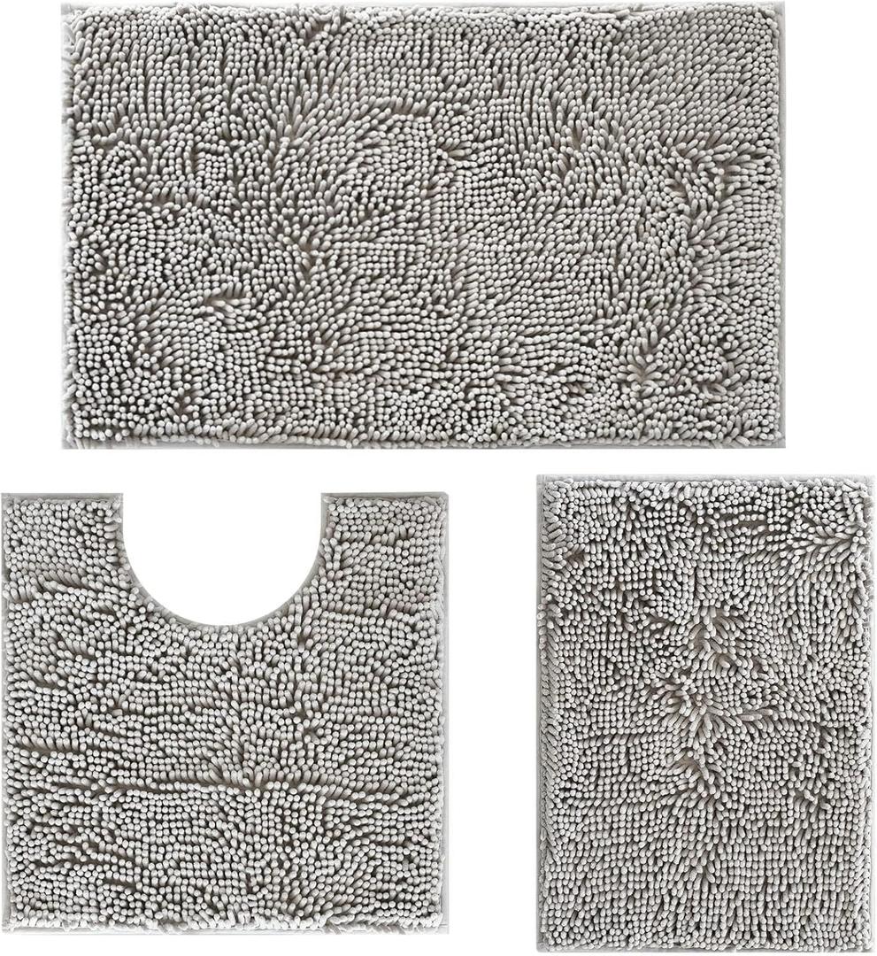 Bathroom Rugs Set 3 Pieces Extra Soft and Absorbent Shaggy Bath Rugs, Chenille Bathroom Mats, Non-Slip Plush Carpet Runner, Bathrooms Set with Toilet Rugs, Perfect Bath Mats for Bath Tub, Shower (16" x 24" & 20" x 32"& 20" x 20" U shape, Light Grey)