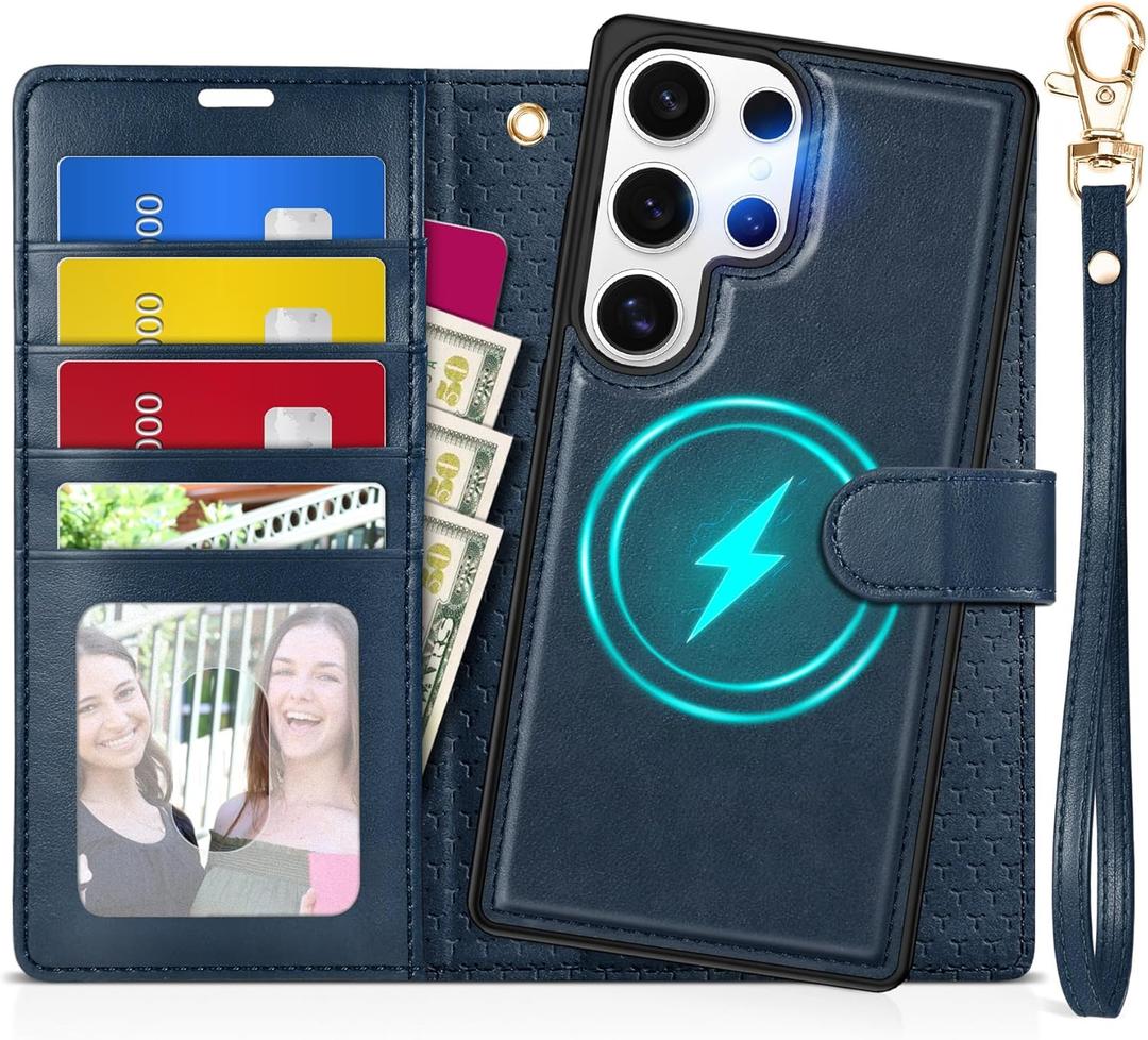 TUCCH Case for Galaxy S25 Ultra, [Detachable] 2 in1 Magnetic PU Leather Wallet with Wrist Strap RFID Blocking [Wireless Charging] 4 Card Slot Kickstand Removable Cover for Galaxy S25 Ultra, Dark Blue