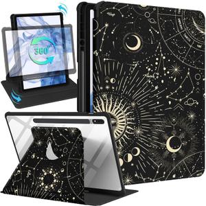 Wazzasoft for Samsung Galaxy Tab S7 Fe/S7 Plus/S8 Plus Case 12.4 Inch Folio Cover Pencil Holder Women Girls Cute Girly Sun Moon Unique Design Rotating Tablet S8 Plus 2022/S7 Plus 2021/S7 FE 5G Cases