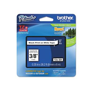 Brother(R) TZe-221 Black-On-White Tape, 0.38in. x 26.2ft., BRTTZ221