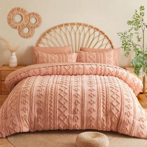 MR&HM King Size Comforter Set Coral Pink, 7 Pieces Tufted Boho Beddding Sets, Farmhouse Style Bed in a Bag with 1 Comforter, 2 Pillow Shams, 2 Pillowcases, 1 Flat Sheet, 1 Fitted Sheet for All Seasons