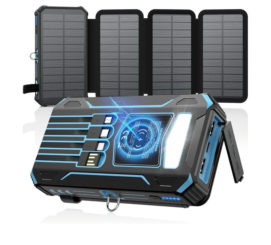 Solar Charger Power Bank - 49800mAh Wireless Portable Charger Built-in 4 Cables and 4 Solar Panels, PD QC 3.0 Fast Charging USB C Battery Pack with Flashlight for Camping Travel (Blue)