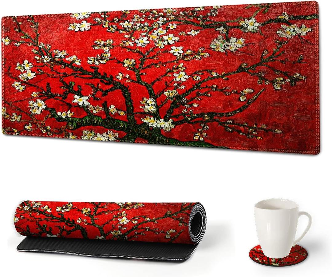ArtSo Large Gaming Mouse Pad Extended Desk Pad XL Keyboard Mat Long Mousepad Decor Writing Pad 31.5x11.8inch Non Slip Rubber Base with Stitched Edges for Work, Game -Red Painting