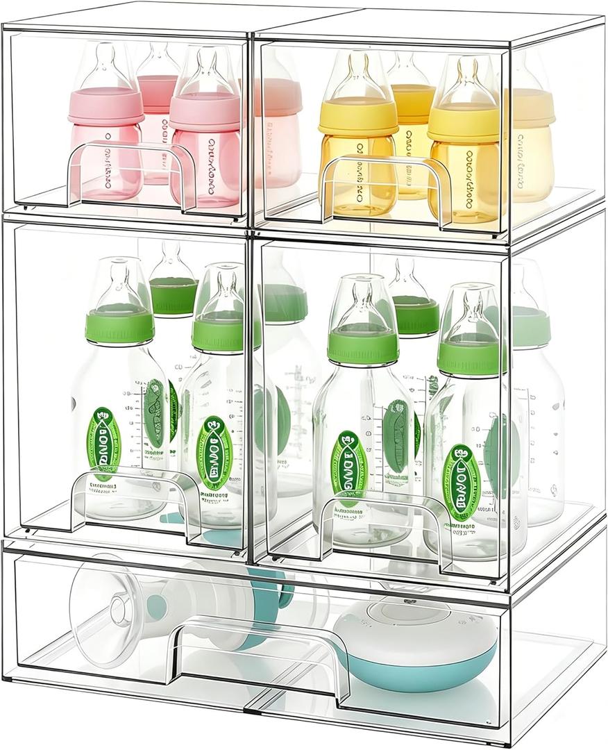 Baby Bottle Organizer Stackable, Acrylic Storage Drawers 5 pack with Non-Slip Pads, Pull-Out Drawers for Baby Bottle, Pump Parts, Pantry, Vanity Countertop (4.4" and 7.6" Tall and 12.1" Wide)