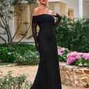 KUTUMAI Women Off Shoulder Bodycon Maxi Dress Long Sleeve Mesh Ruched Party Formal Wedding Guest Dresses (Black) L