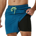 SILKWORLD Mens Swimming Trunks with Compression Liner 2 in 1 Quick-Dry Swim Shorts with Zipper Pockets, L, Blue