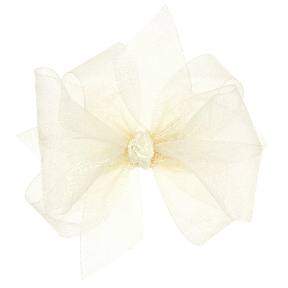 Wee Ones Girls' Organza Double Hair Bow on a WeeStay Clip with Satin Knot Center, Medium, Ecru