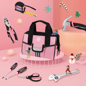 WORKPRO 8-Piece Kids Real Hand Tool Set, Pink Junior Tool Kit with Storage Bag for Boys, Girls, Children DIY Building and Woodworking, Age 8+