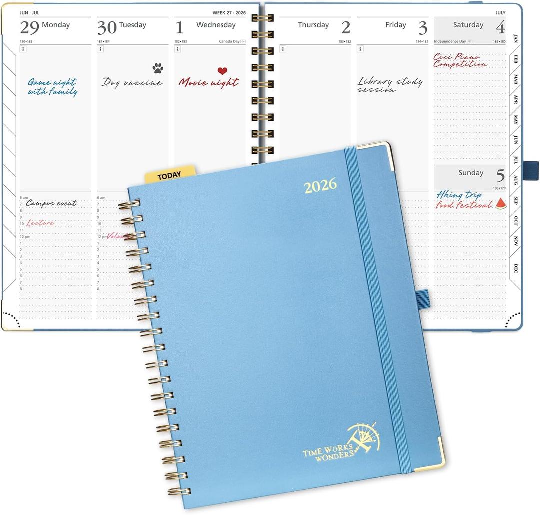POPRUN 2026 Planner Daily Weekly and Monthly Calendar with Hourly Schedule, Monthly Tabs(Large Size 10'' x 8'' Wire-Bound Hard Cover) - Agenda 2026 (Jan.2026-Dec.2026) - Haze Blue
