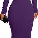 Memoriesea Women's Basic Turtleneck Long Sleeve Ribbed Bodycon Fall Slim Solid Maix Pencil Dress (Medium, Purple)