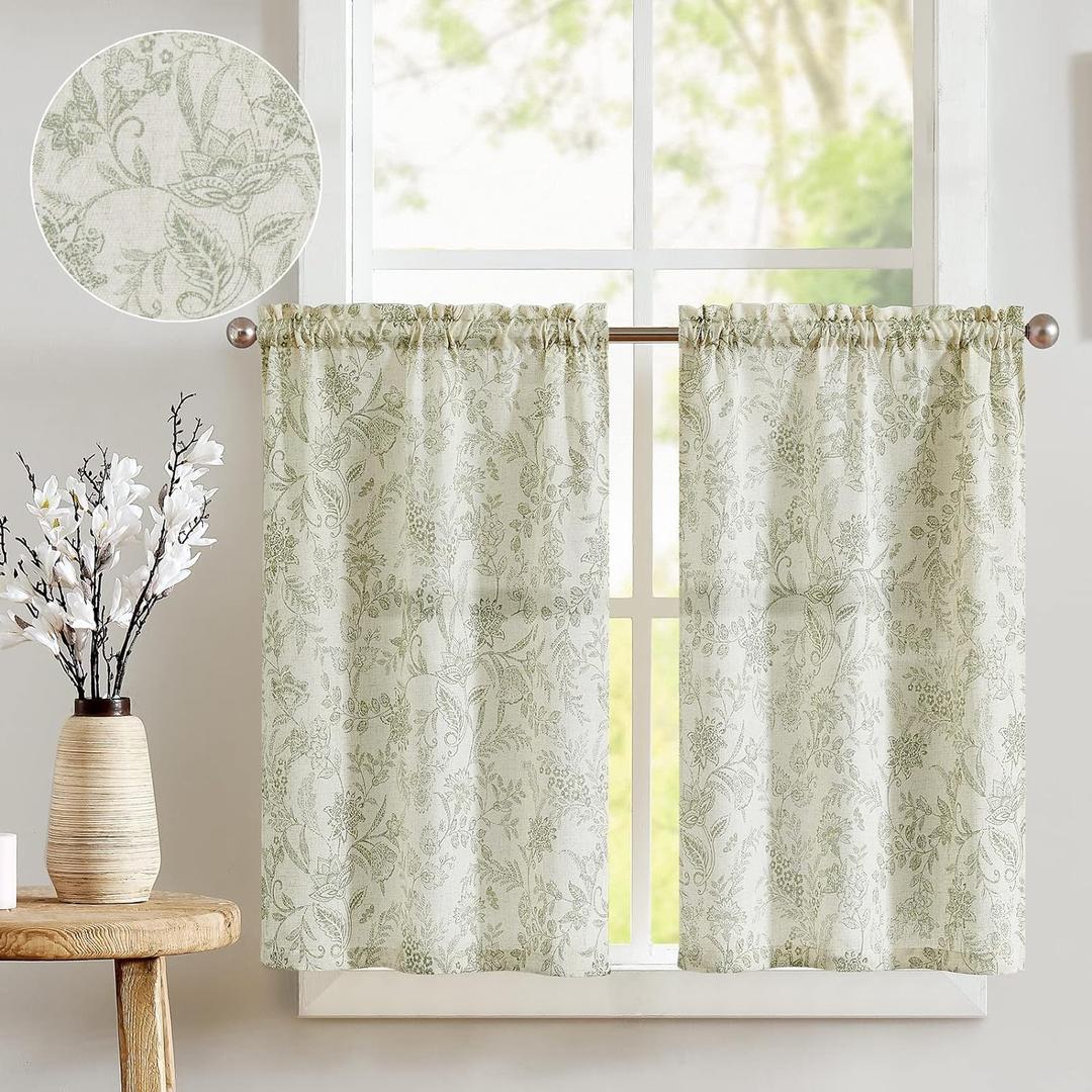 jinchan Floral Kitchen Curtains for Windows 36 Inch Linen Tier Farmhouse Cafe Curtains Country Botanic Small Window Rod Pocket Rustic Flax for Laundry Bathroom RV 2 Panels Sage Green on Beige