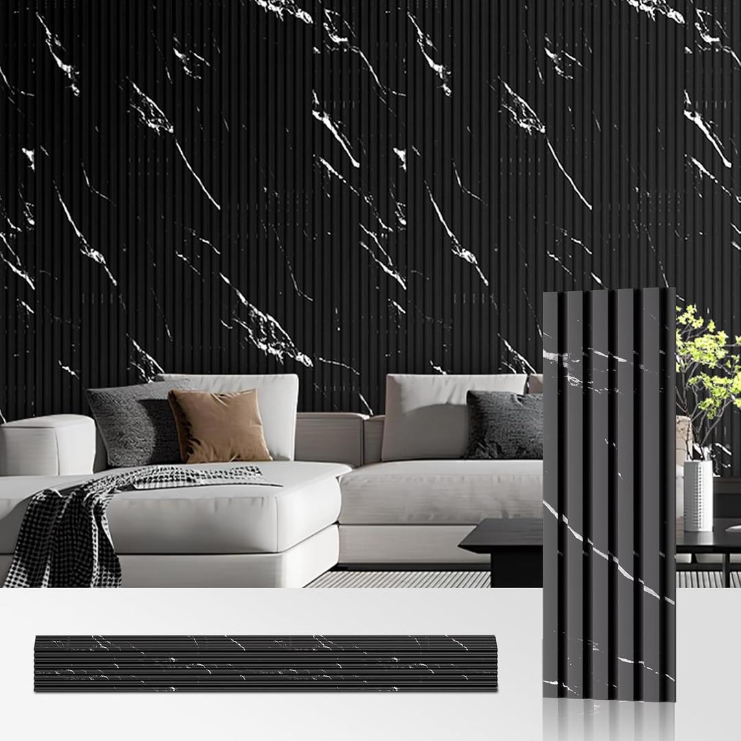 OUZUGIE WPC Acoustic Slat Wall Paneling, 8-Pack 114 x 6 Inches 3D Wall Panels for Interior Wall Decor,Living Room,TV Background,Study Room,Office Spaces,Bedroom,Low Grille (Black Marble-1)