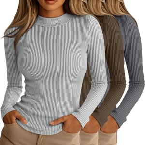 Riyiper 3 Pack Women's Ribbed Shirts, Mock Turtleneck Long Sleeve Tops Slim Fitted Undershirts Casual Basic Layering Tees (Gray, Light Gray, Chestnut) S