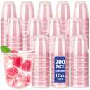 Xuelimei 12oz Disposable Stemless Glasses, PET Disposable Drinking Cups, Cold Party Clear Plastic Wine Glasses for Parties Birthday, Wedding, Meeting, Christmas Party Supplies. (200, Pink)