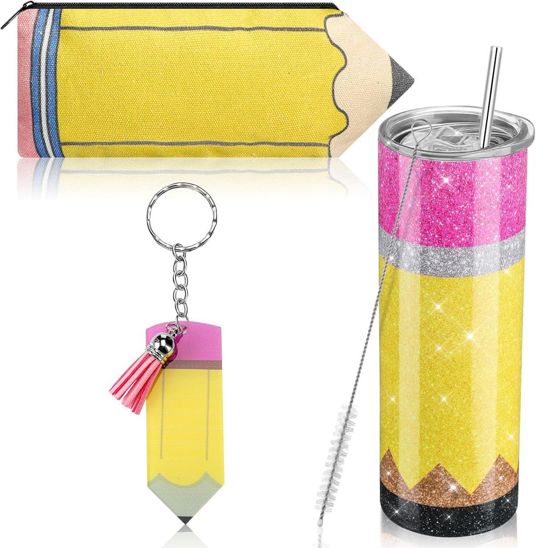 Abbylike 3 Pcs Teacher Appreciation Gifts for Women 20oz Stainless Steel Pencil Glitter Tumbler with Lid Straw Pencil Pouch Keychains Set for End of Year Teacher Gifts