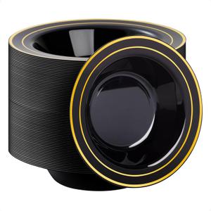 Goodluck 100 Pack Black Plastic Bowls with Gold Rim, 12oz Disposable Soup Bowls, Heavy Duty Dessert Bowls for Weddings, Parties, Dinners, Catering, and New Year (100 Pack, Black)