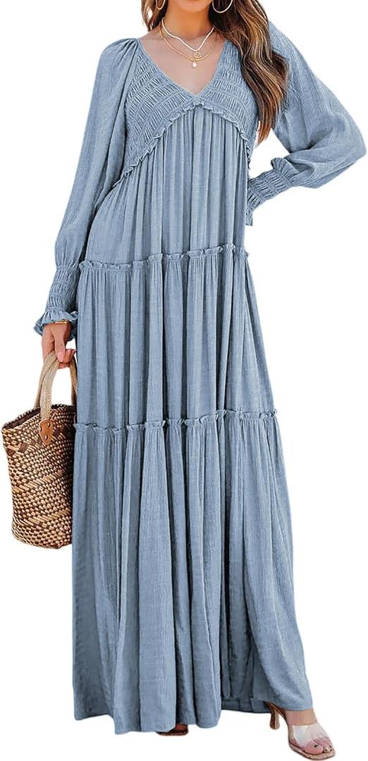 R. Vivimos Maxi Dress for Women Long Sleeve V Neck Empire Waist Layered Ruffle Boho Casual Flowy Long Dresses (Haze Blue) XL