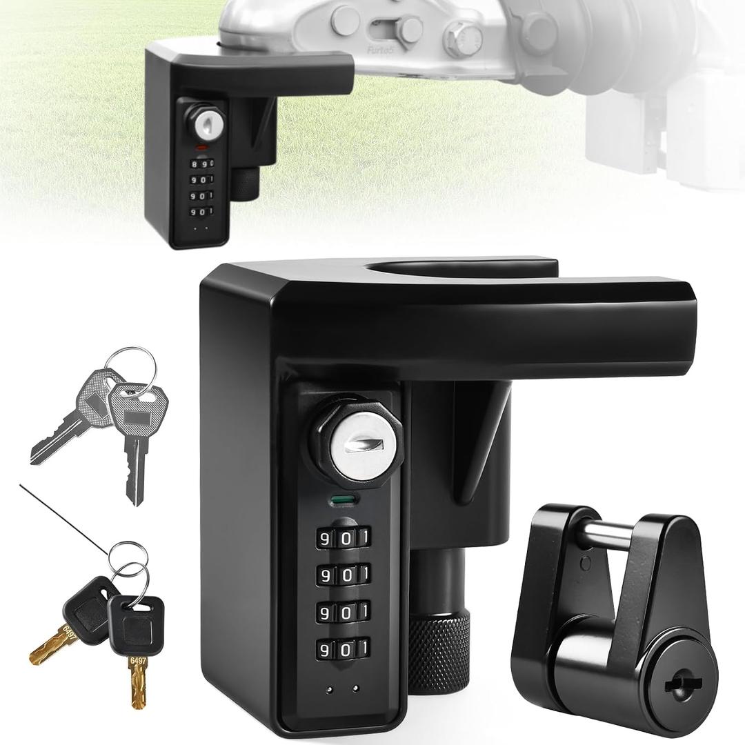 TRUCKIIPA Trailer Hitch Lock with Keys & 4-Digit Combo Lock - Trailer Locks Fits 1-7/8", 2'' Couplers, with Tongue Locks, 1/4'' Dia, 3/4'' Span, Heavy-Duty Trailer Coupler Lock for RV, Trailers, Boat