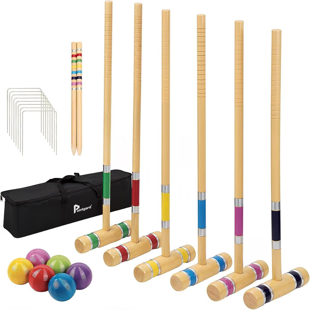 Pointyard Six Player Croquet Set with Premium Wooden Mallets 28 in, Colored Ball, Wickets, Stakes, Perfect Outdoor Game, Yard Game, Party BBQ Game for Adults & Families (Includes Sturdy Carrying Bag)