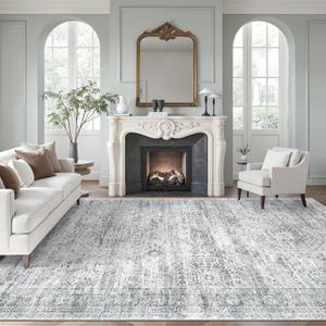 Soalmost 9x12 Area Rugs for Living Room, Non Slip Machine Washable Vintage Rugs, Low Pile Lightweight Large Rug for Bedroom, Dining Room, Home Office Grey