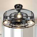 Caged Ceiling Fan with Lights: Black Rustic Bladeless Ceiling Fans with Remote - Farmhouse Fan Lights Ceiling Fixtures for Low Profile Living Room Bedroom Kitchen (E26 Based)