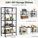 5 Tier Foldable Storage Shelves, Expandable Folding Shelving Units with Wheels, Changeable into 2 Shelf Units, Collapsible Adjustable Storage Rack Metal Shelves for Storage, Pantry, Garage, Kitchen