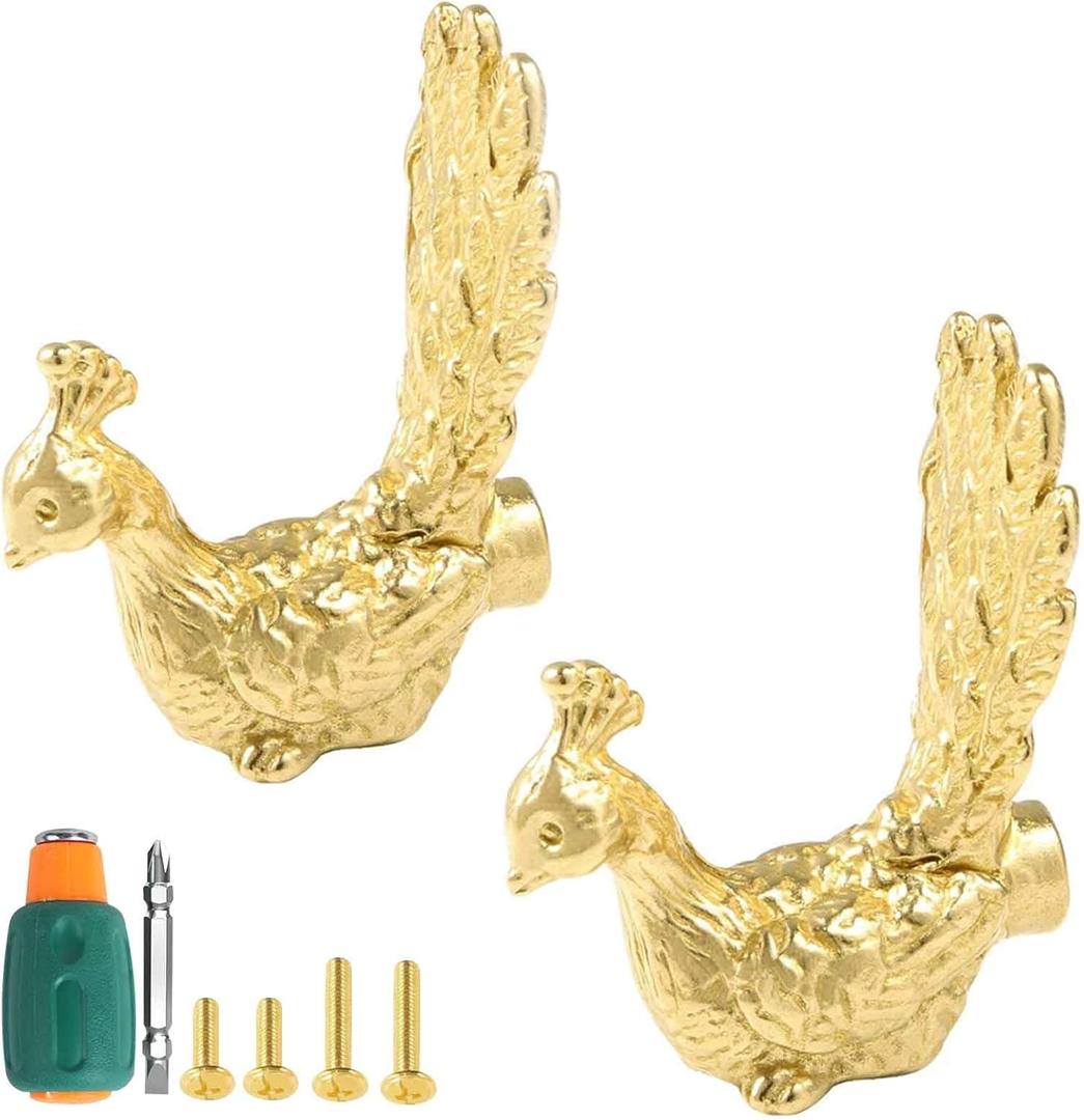 2 Pack Brass Peacocks Shape Cabinet Drawer Knobs Handles, Gold Cabinet Knobs, Dresser Antique Knobs Kitchen Bathroom Furniture Handle (Peacock-3)