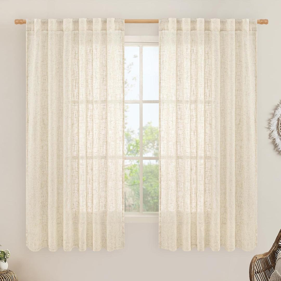 LAMIT Faux Linen Curtains 63 inches Long for Bedroom, Back Tab and Rod Pocket Linen Drapes Light Filtering Sheer Window Curtains for Living Room, Set of 2 Panels (52 x 63 Inch, Beige)