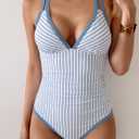 B2prity Women's One Piece Swimsuit Tummy Control Slimming Bathing Suit V Neck Neon Color Block Tie Back Swimwear (Blue, XL)