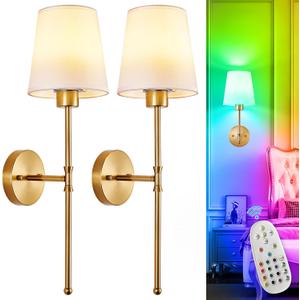 Depuley Battery Operated Wall Sconce: Set of 2 Wireless Wall Lights with 10000mAh Dimmable Bulbs and Remote for Bedroom - Rechargeable 15 Colors Gold Wall Lamp for Living Room Hallway