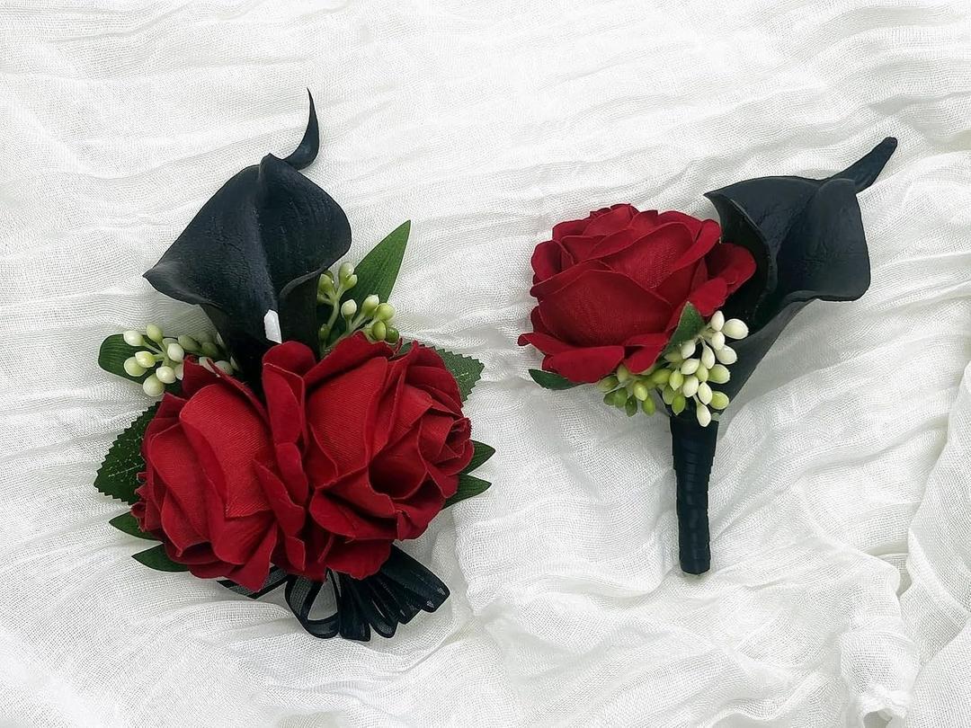 Red Rose Wrist Corsage Wristlet Band Bracelet and Men Boutonniere Set with Black Calla Lily for Wedding Flower Accessories Prom Suit Decorations
