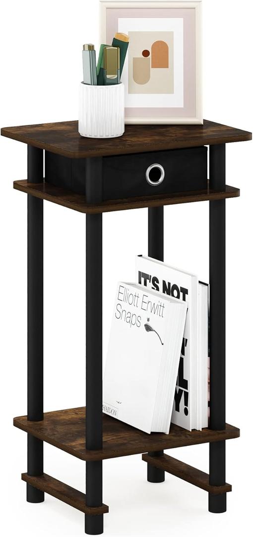 Furinno Turn-N-Tube Tall End Side Night Stand/Bedside Table with Bin Drawer, 1-Pack, Amber Pine/Black/Black