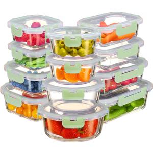FineDine 24 Piece Glass Storage Containers with Lids - Airtight, Leak Proof, Dishwasher Safe, Glass Food Storage, Food Storage Containers, Meal Prep Containers, Green