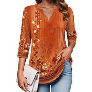 Zeagoo Womens 3/4 Length Sleeve Tops V Neck Tunic Casual Dressy Blouse Floral Printed Shirts (X-Large)