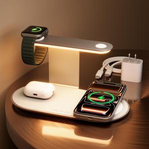 GUSGU 3 in 1 Charging Station for MagSafe Wireless Charger with Three-Level Night Light, 15W Max Fast Charging for iPhone 17/16/15/14/13/, Apple Watch Series 2-11/SE 3/ Ultra 3, AirPods Pro 3-Gray (White)