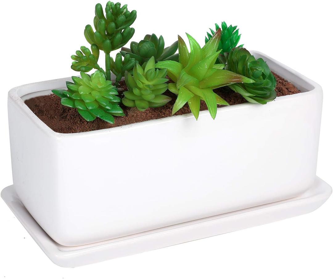 10 inch Rectangular White Ceramic Planter Pot Succulent Cactus Herb Flower Container Window Box Saucer Removable Drip Tray Base Drain Holes Home Office Indoor Outdoor Garden Desktop