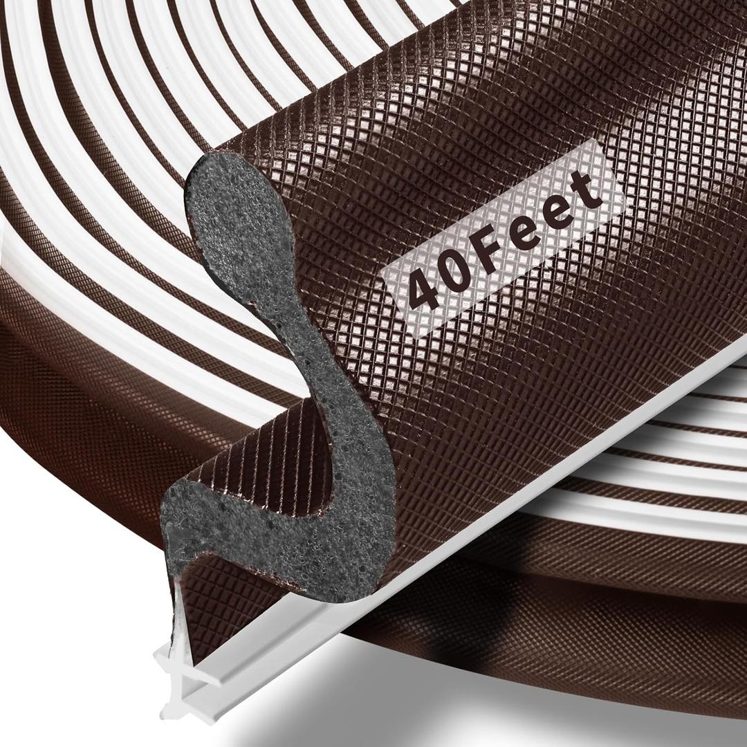 40 Feet Long Reach Door Weather Stripping Door Seal Strip, New Upgraded V-Shaped Replacement Kerf Weather Stripping for Door Frame Door Insulation, Easy Cut to Size(Brown)