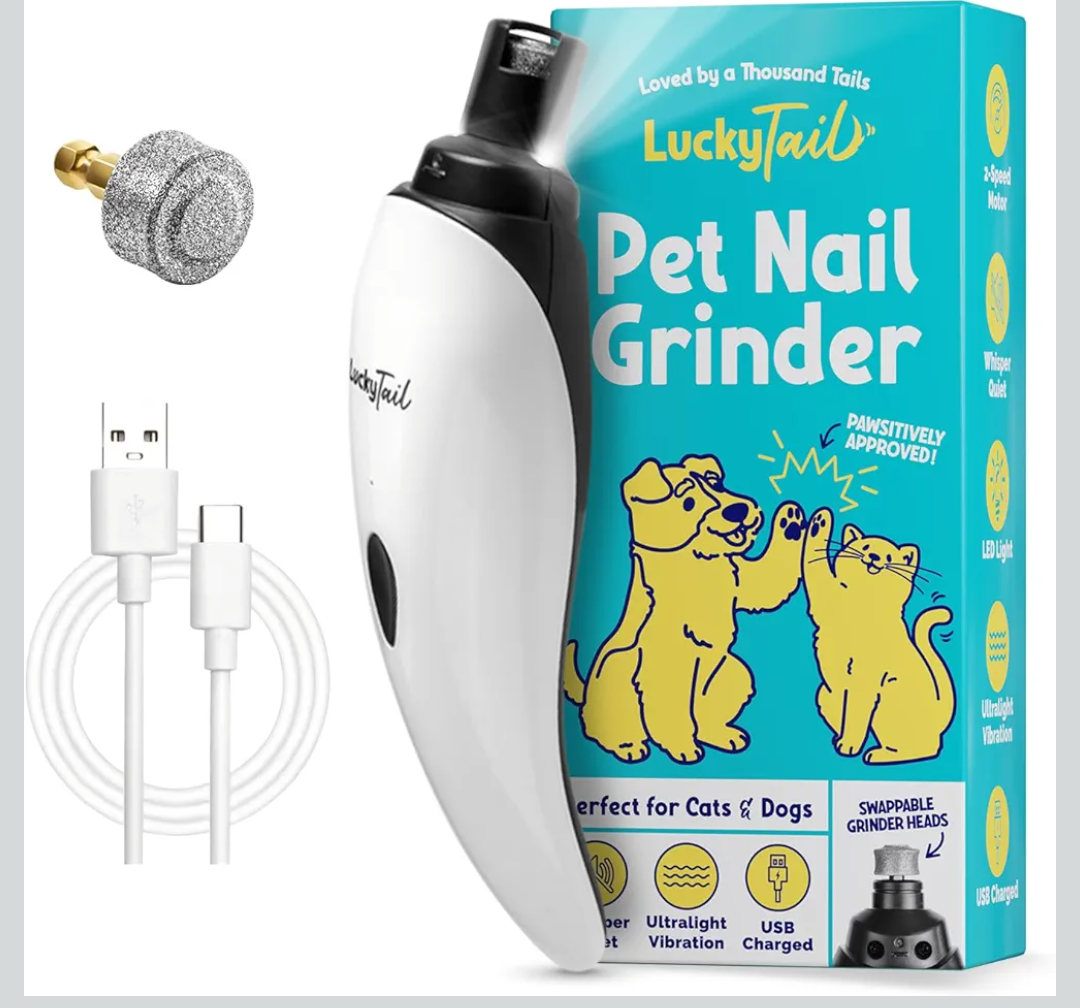 LuckyTail Pet Nail Grinder for Dogs and Cats - Super Quiet and Low Vibration Electric Dog Nail Grinder with 2 LED Lights - USB Rechargeable and Cordless - 2 Speeds - Small to Large Pets