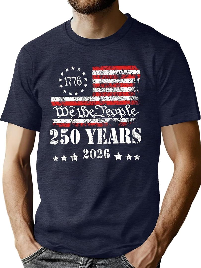 250th Anniversary USA Shirts Men American Flag T Shirt 4th of July Patriotic Shirt 250 Years Birthday Tees Tops (Blue, L)