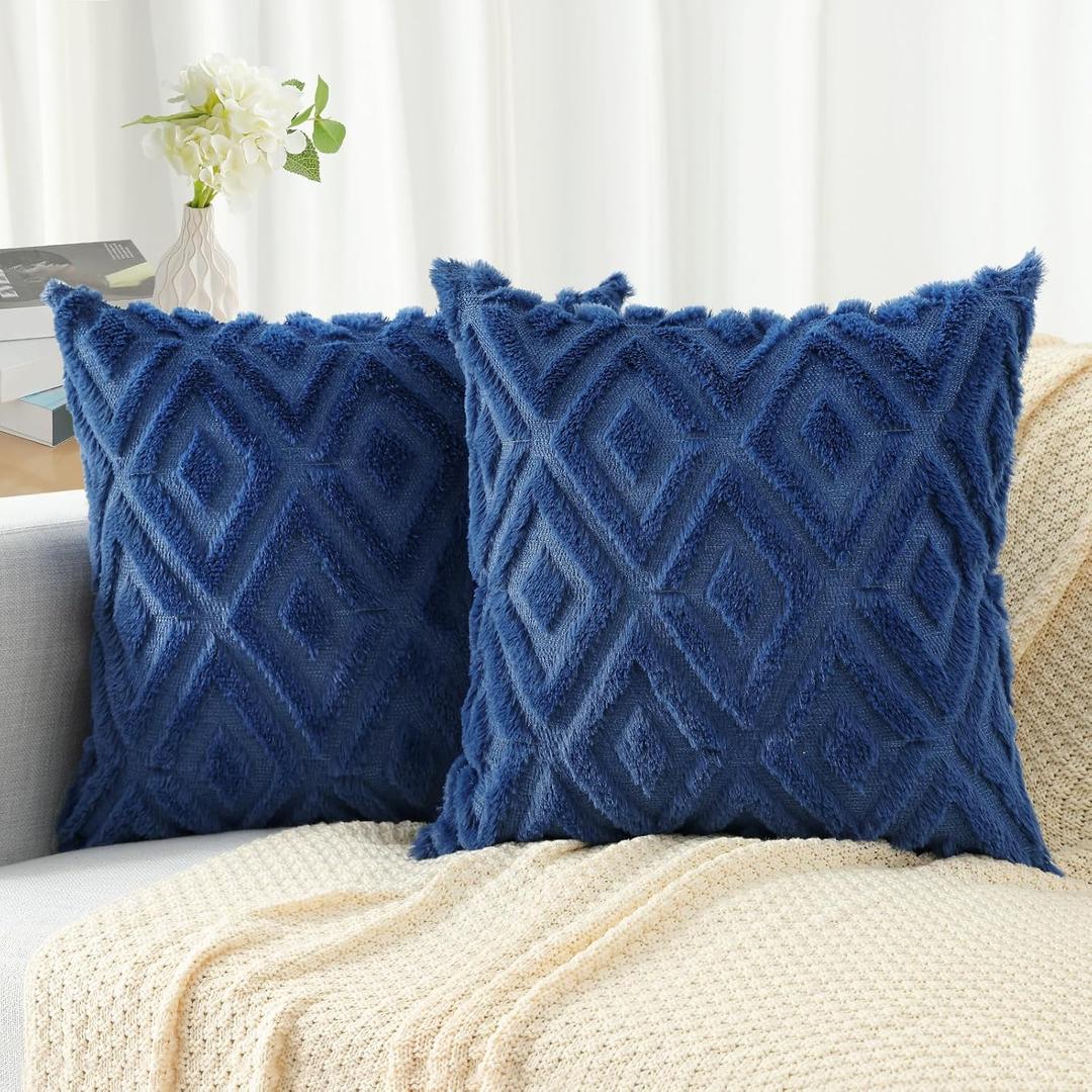 Pallene Fall Blue Faux Fur Throw Pillow Covers 18x18 Set of 2 | Soft Decorative Plush Wool Couch Pillow Covers for Sofa Bed Living Room Pillow Cases with 3D Diamond Pattern