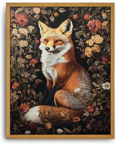 Framed Vintage Wall Art, Vintage Dark Academia Fox Paintings Wall Decor, Woodland Animal Canvas Wall Art Prints Wildlife Botanical Floral Pictures Boho Artwork for Bedroom Living Room 16x24in