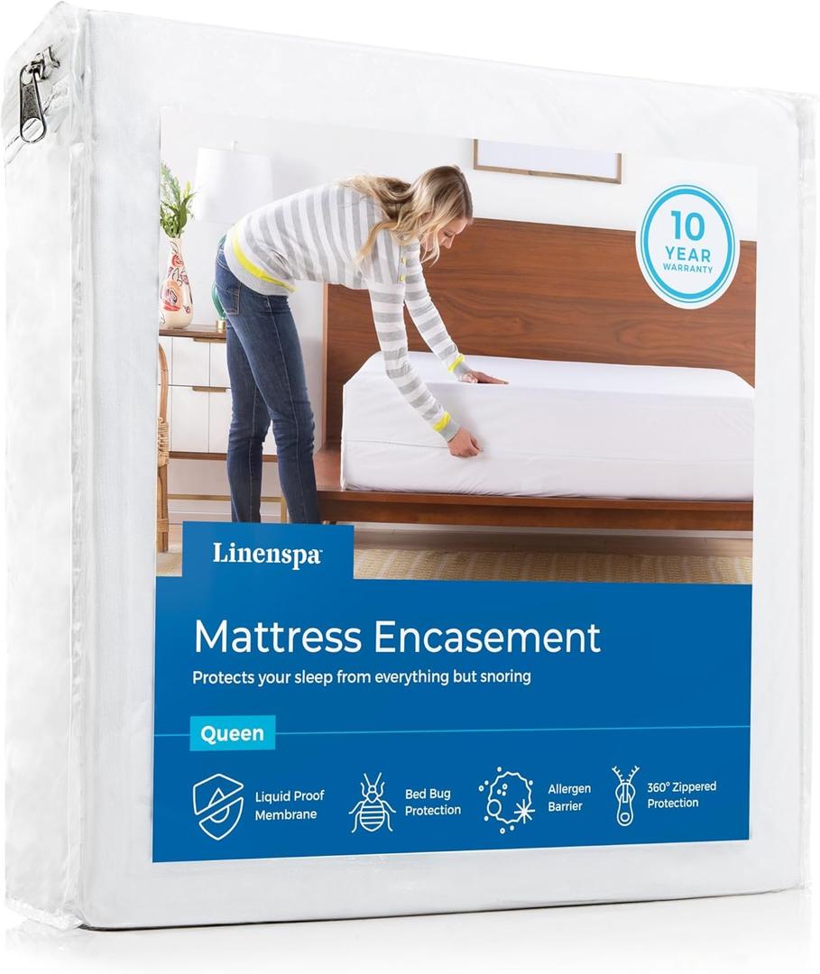 Linenspa Zippered Mattress Encasement - Waterproof & Bed Bug Proof - Premium Noiseless & Absorbent Cover  Full, White