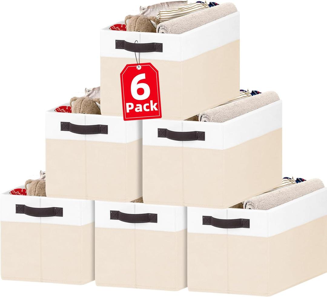 6 Pack Large Toy Box Chest, Collapsible Sturdy Toy Storage Organizer Bins Baskets for Kids, Boys, Girls, Nursery, Playroom, Shelf Baskets for Lego Puzzle Balls, Game Organizer (14L*10W*9.5H) (White with Beige)