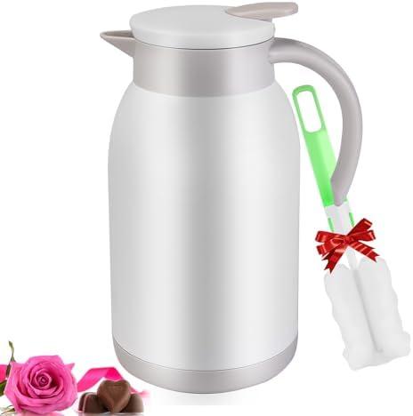 Stainless Steel Thermal Coffee Carafe Dispenser, 40oz Unbreakable Double Wall Vacuum Flask Large Capacity 1.2L Water Tea Pot Beverage Pitcher for Summer Cold Iced Coffee(White)