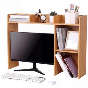 Briwooody Dorm Desk Bookshelf Desk Hutch Organizer with 5 Shelves and 3 Tier Desktop Hutch Storage Organizer for College Dorm Home Office Supply, 32.5 x 23.5 x 8 Inch(Bamboo and Wood)