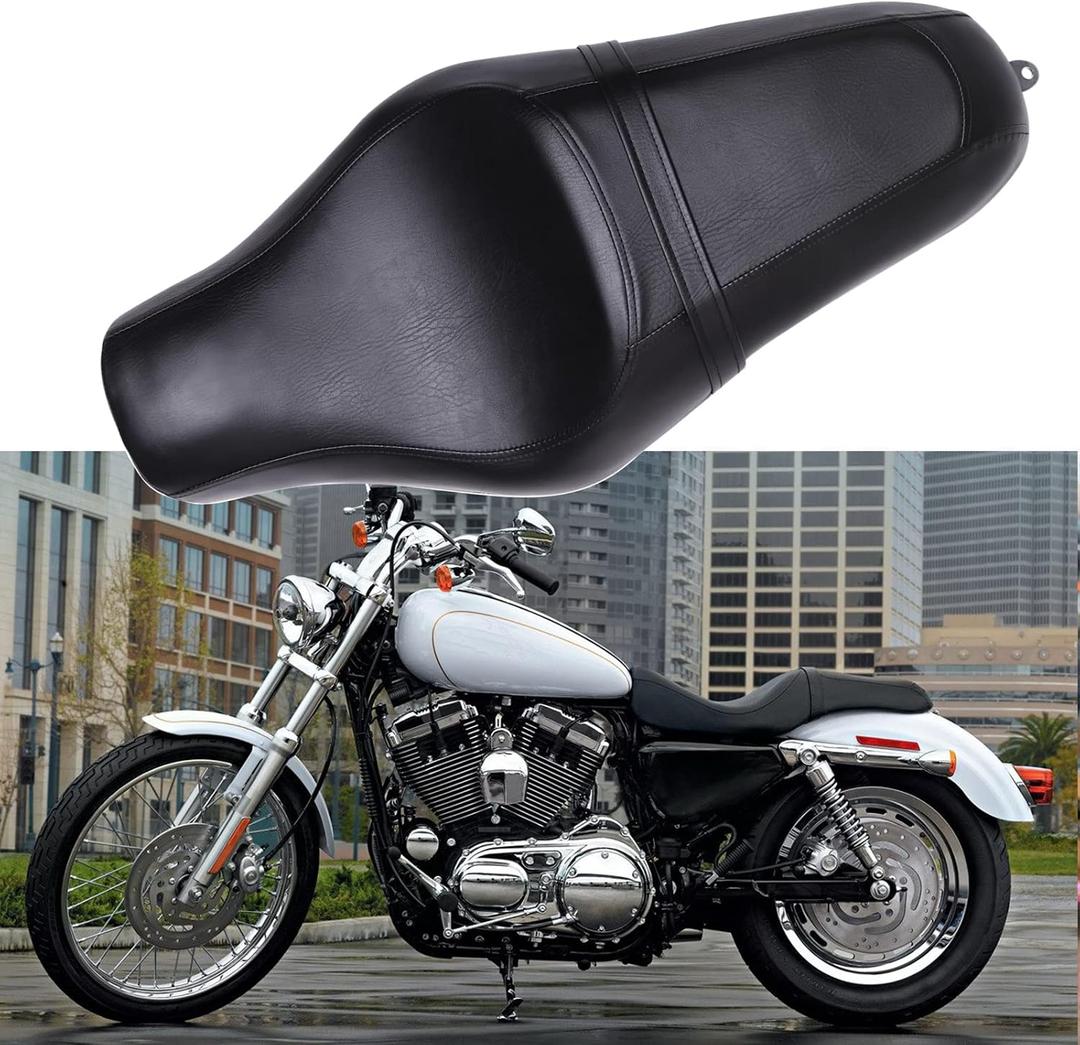 DREAMIZER Motorcycle Seat Driver Passenger Low Profile Two Up Leather Seat Compatible with Sportster Iron XL 883 1200 48 72 Chopper Bobber Cafe Racer Custom - BlackGlossy