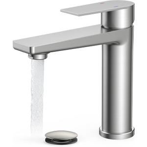 FORIOUS Brushed Nickel Bathroom Faucet 1 Hole, Single Handle Single Hole Bathroom Faucet Brushed Nickel with Deck Plate and Pop Up Drain, CUPC Hoses for One Handle Vanity Sink, Rv, Camper, Farmhouse