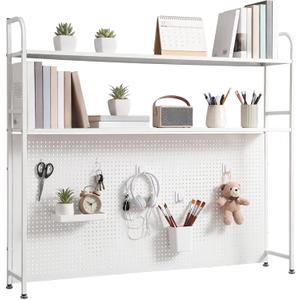 Leinuosen Desk Hutch for Dorm Bookshelf with Pegboard 2 Tier Desktop Countertop Storage Metal Hutch Organizer Display Rack with Hooks for Home Office College Dorm