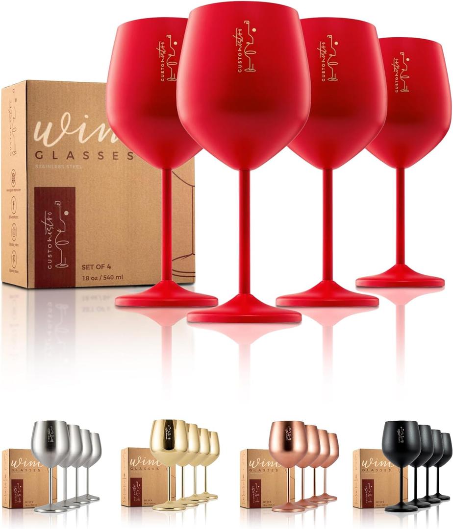 Gusto Nostro Valentines Day Gift Stainless Steel Wine Glass  18 oz Red, Unbreakable Colorful Wine Glasses for Travel, Camping and Pool  Cute, Unique Metal Wine Glass for Outdoor, Picnics (Set of 4)
